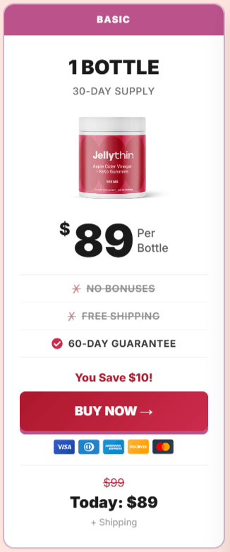 JellyThin basic one-bottle supply purchase option with pricing and guarantee details