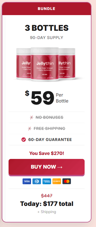 JellyThin 3-bottle bundle purchase option with savings and guarantee details