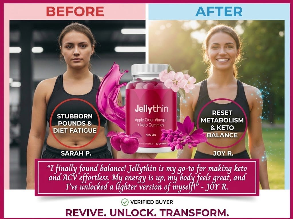 Before and after comparison of a woman's weight loss success with Jellythin