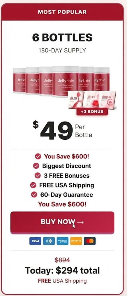 JellyThin 6-bottle bundle offer with 3 free bonuses and shipping savings